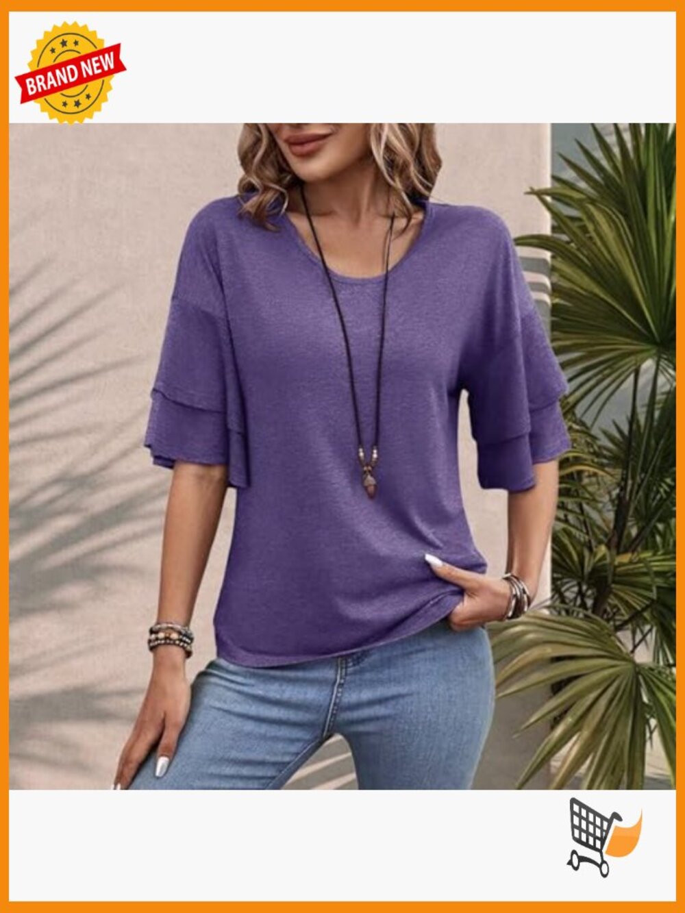Ruffled 3/4 Bell Sleeve Crew Neck Tunic Top Loose Fit T-Shirt Blouse - Picture 5 of 7